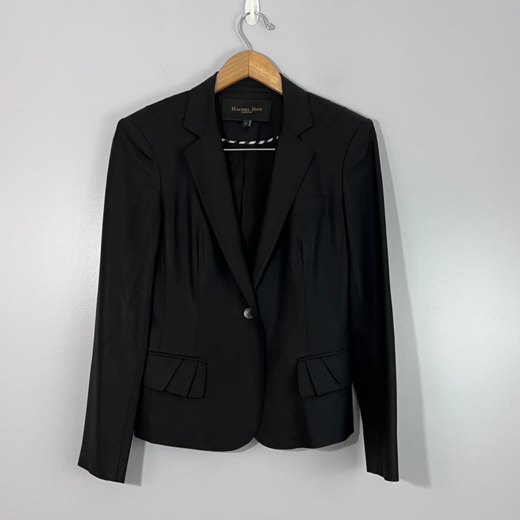 Rachel Roy Signature Wool Blazer W/ Pleated Flap Pockets